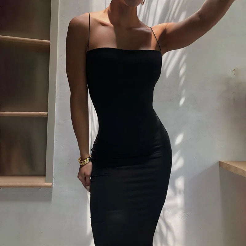 Summer Black Sexy Dress Women Streetwear Sleeveless Backless Solid Spaghetti Strap Bodycon Casual Clubwear Elegant Party Dresses ClothesLuxe